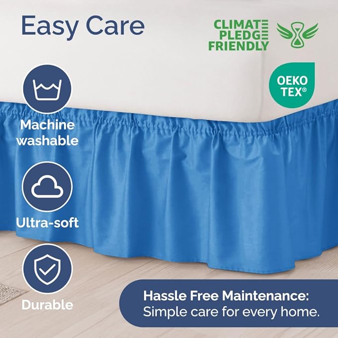 Wrap Around Dust Ruffle Bed Skirt - Royal Blue - for Full Size Beds w/ 12 Inch Drop - Easy Fit Elastic Strap - Adjustable Pleated Bedskirt w/Brushed Fabric - Wrinkle Free, Women, Men, Kids & Teens