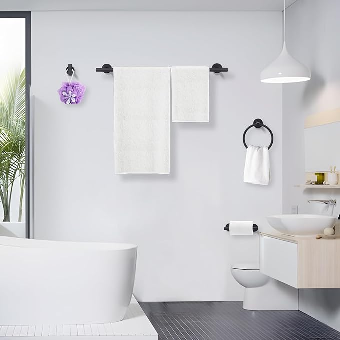 4-Piece Matte Black Bathroom Accessories Hardware Set,Include Double Post Pivoting Toilet Paper Holder,Towel Ring and 2 Towel Hooks