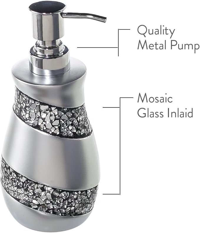 Creative Scents Silver Bathroom Accessory Set - Mosaic Glass Bathroom Soap Dispenser Set; 4-Piece Bathroom Set Includes: Lotion Dispenser, Toothbrush Holder, Tumbler & Soap Dish - Gift Packaged