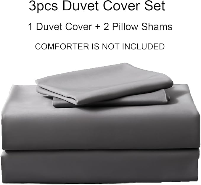 PURE ERA Duvet Cover Set 800 Thread Count Long Staple Cotton Sateen Silky Soft Luxurious Smooth 3 Piece Set Solid Deep Grey Queen