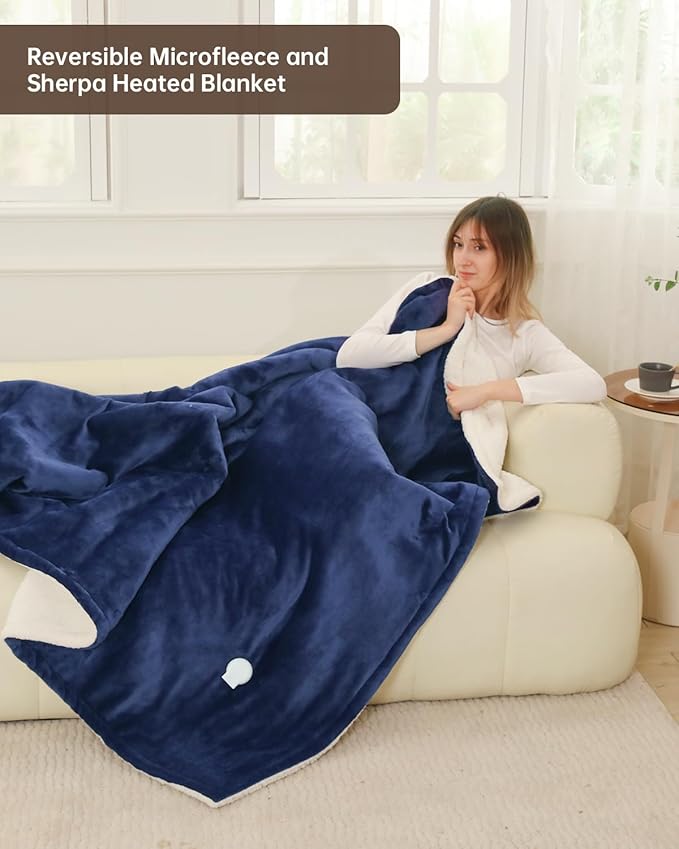 Electric Heated Blanket Queen Size, Washable Blanket Warmer with Dual Control for Home for Adults, Super Cozy Soft Flannel 84" x 90", 9 Heat Levels, 1-9H Auto-Off, ETL Certified, Navy Blue