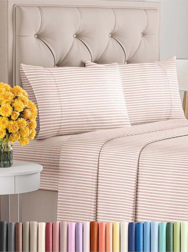 Cal King Size 4 Piece Sheet Set - Extra Soft, Breathable & Cooling Sheets - Hotel Luxury Bed Sheets for Women & Men - Deep Pockets, Easy-Fit & Wrinkle-Free Sheets - Blush Stripes Oeko-Tex Bed Sheets