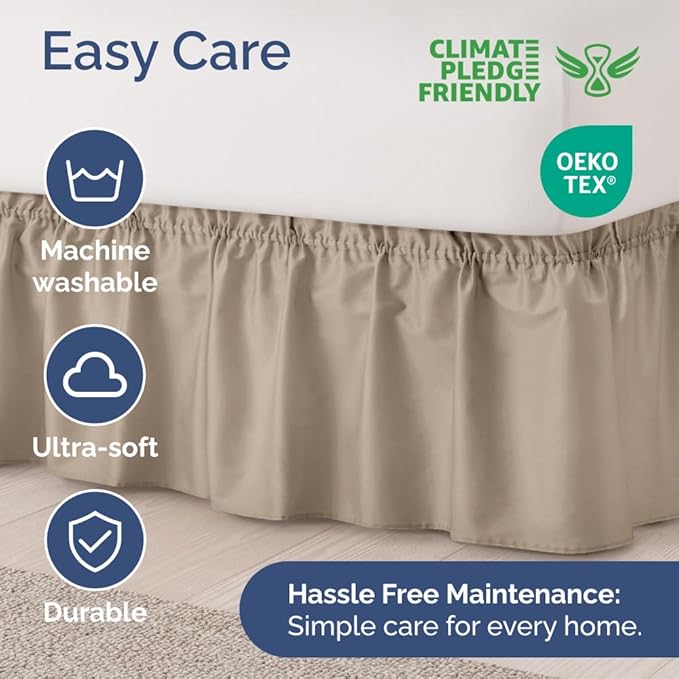 Wrap Around Dust Ruffle Bed Skirt - Cream - for King Size Beds w/ 16 Inch Drop - Easy Fit Elastic Strap - Adjustable Pleated Bedskirt w/Brushed Fabric, Wrinkle & Fade Free Women, Men, Kids & Teens
