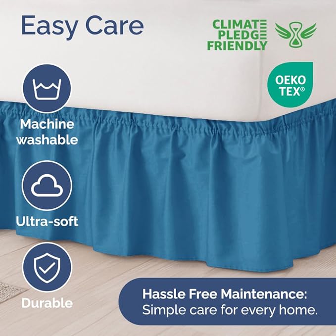 Wrap Around Dust Ruffle Bed Skirt - Denim Blue - Twin/Twin XL Size Beds with 15 Inch Drop - Elastic Strap- Adjustable Pleated Bedskirt with Brushed Fabric and Wrinkle Free - Women, Men, Kids & Teens