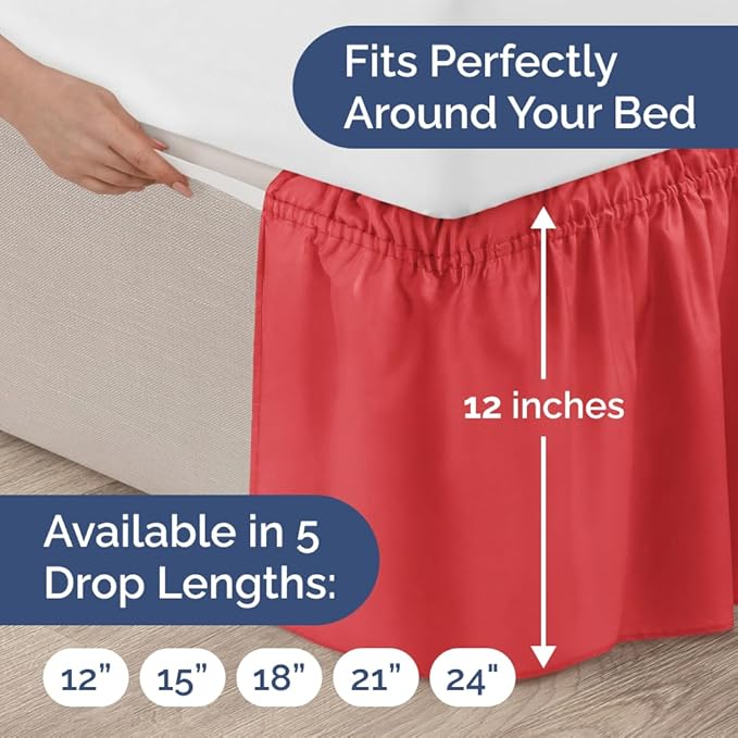Wrap Around Dust Ruffle Bed Skirt - Red - for Queen Size Beds with 12 Inch Drop - Easy Fit Elastic Strap - Adjustable Pleated Bedskirt w/Brushed Fabric - Wrinkle Free - for Women, Men, Kids & Teens