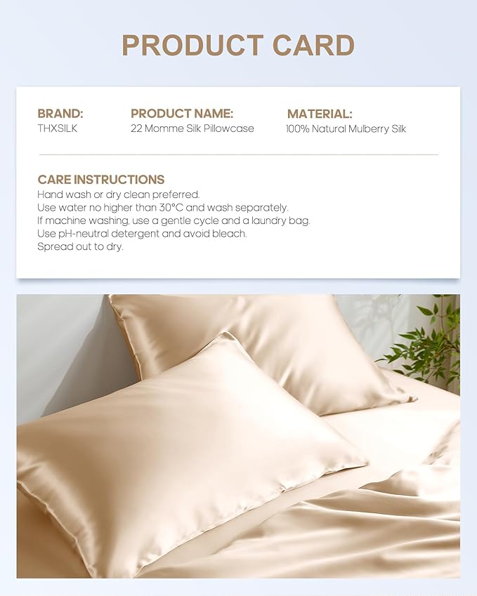 THXSILK Set of 2 100% Mulberry Silk Pillowcase for Hair and Skin, Grade 6A+ Mulberry Silk Pillow Cases 22 Momme, Hypoallergenic Pillow Case Cover with Zipper (California King 20"x40", Beige)