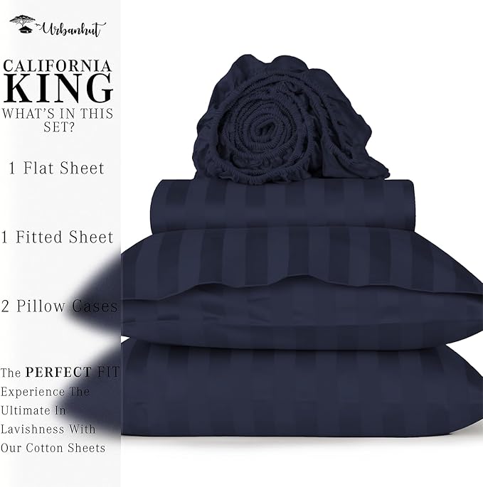 URBANHUT 1000 Thread Count Damask California King Sheet Set Egyptian Cotton Sheets, Long Staple Soft & Breathable, 4 Pc Bed Sheet Sets, Luxury Hotel Sateen Sheets Fits 16" Deep Pocket - Navy Blue