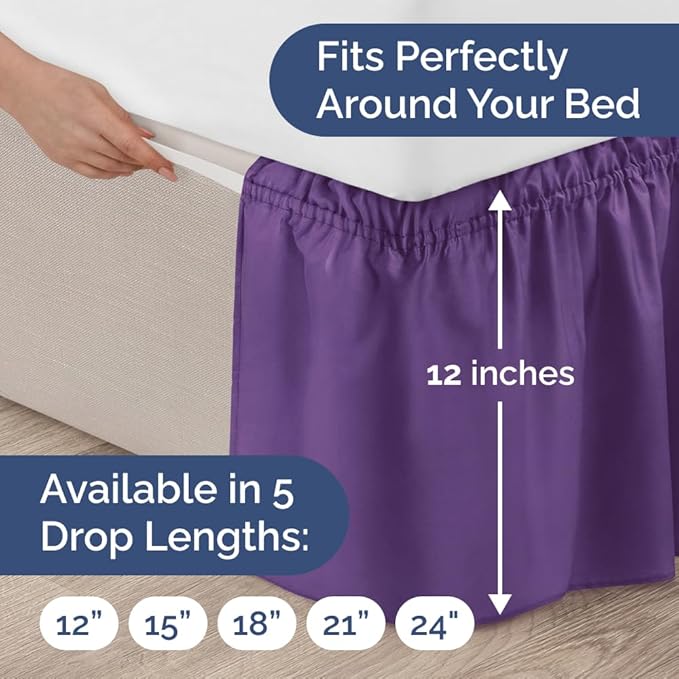 Wrap Around Dust Ruffle Bed Skirt - Purple - for Queen Size Beds with 12 Inch Drop - Easy Fit Elastic Strap - Adjustable Pleated Bedskirt w/Brushed Fabric Wrinkle Free - for Women, Men, Kids & Teens