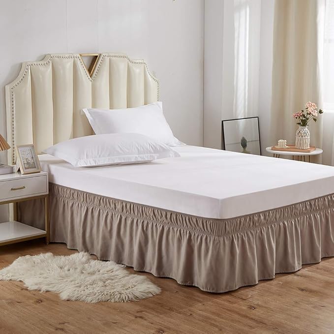 MEILA Wrap Around Bed Skirt Three Fabric Sides Elastic Dust Ruffled 18 Inch Tailored Drop,Easy to Install Fade Resistant-Taupe, Queen/King