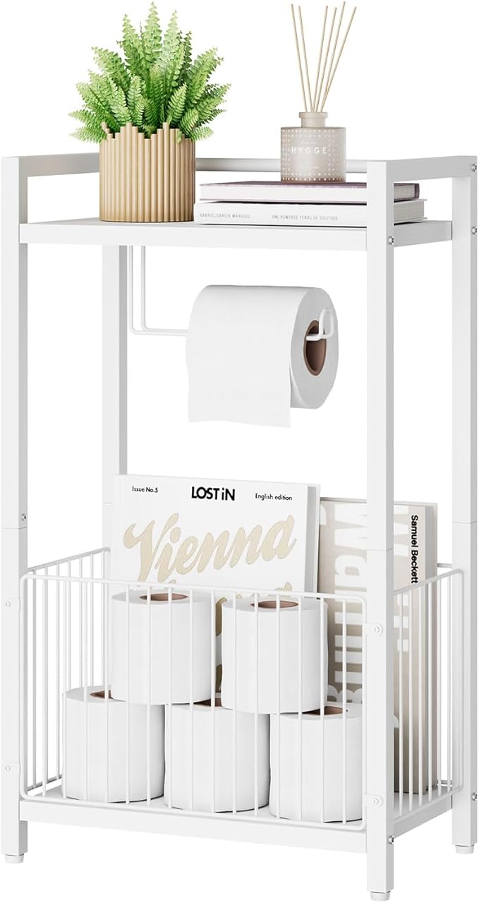 IBUYKE Freestanding Toilet Paper Holder Stand with Storage Shelf,Bathroom Toilet Tissue Roll Dispenser with Extra Space for Rolls, Magazines, Wet Wipes White TLJ020W