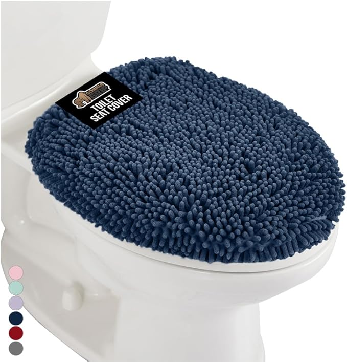GORILLA GRIP Soft Chenille Bathroom Toilet Lid Cover, Machine Washable Seat Covers, 19.5x18.5, Stays in Place Rubber Backing, Fits Most Round, Elongated and Oblong Lids, Accessories Decor, Navy Blue
