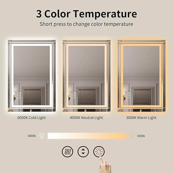 WTTY LED Bathroom Mirror with Backlit and Front Light, 27.5" X 35.4" Stepless Dimmable LED Mirror for Bathroom,Anti-Fog Lighted Bathroom Vanity Mirror Modern,Memory Function,Shatter-Proof