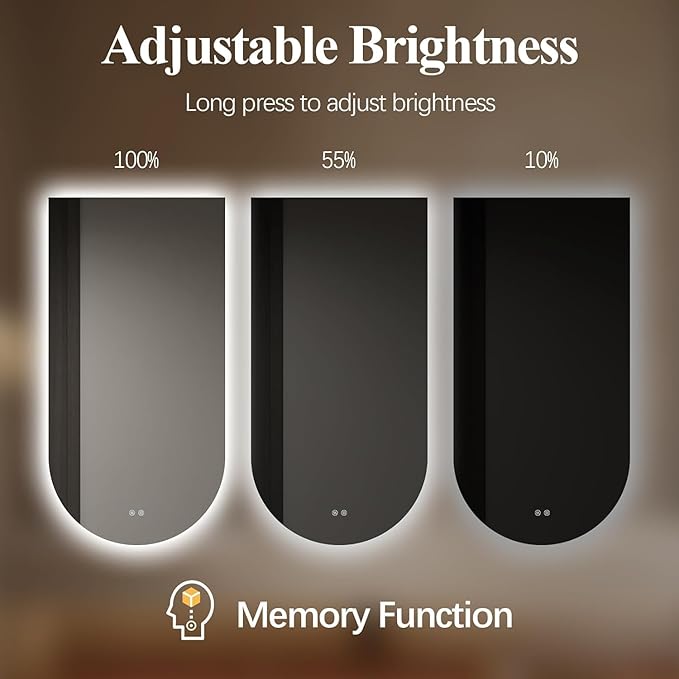 Arched LED Bathroom Mirror, 40"x24" Arch Framless Backlit Mirror with Lights Vanity Mirror for Makeup, Anti-Fog, Dimmable, 3-Color, Memory Function, IP65 Waterproof, UL Listed, Vertical-Inverted