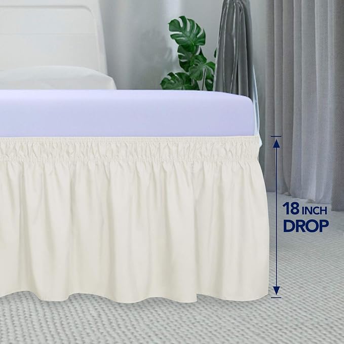 PureFit Wrap Around Ruffled Bed Skirt with Adjustable Elastic Belt - 18 Inch Drop Easy to Put On, Wrinkle Free Bedskirt Dust Ruffles, Bed Frame Cover for Queen, King and C-King Size Beds, Ivory