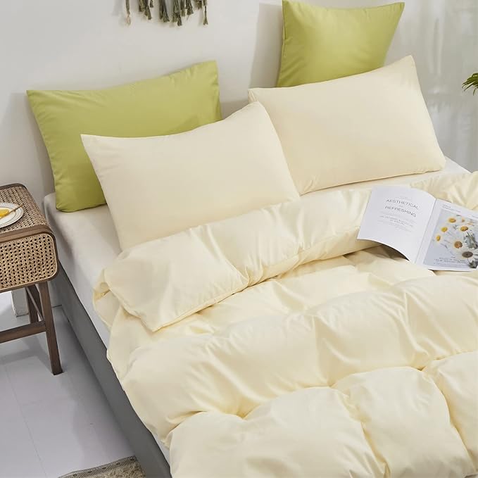 KAREVER Light Yellow Comforter Set Twin Off White Bedding Set Girls Beige Breathable Ivory Bedding Set Women Soft Off White Twin Ivory Bedding Comforter Set