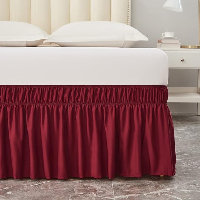MEILA Wrap Around Bed Skirt Three Fabric Sides Elastic Dust Ruffled 24 Inch Tailored Drop,Easy to Install Fade Resistant-Burgundy, Queen/King