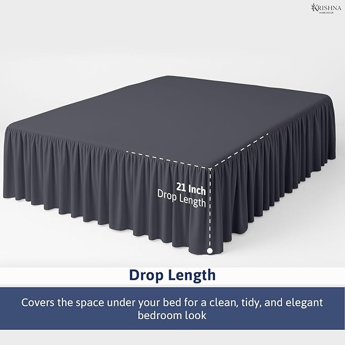 KRISHNA Ruffled Bed Skirt with Split Corners King, 100% Microfiber Hotel Quality, 21 Inch Drop Dust Ruffle Gathered Bedskirt with Platform, 78" x 80", Dark Grey