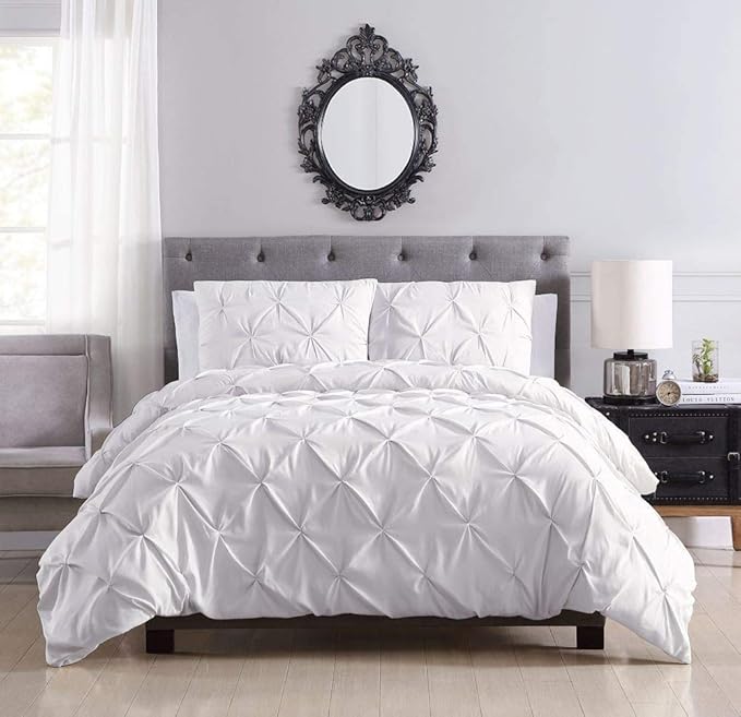Pinch Pleated Duvet Cover Set 100% Cotton 3PC Twin Size 68x90 Duvet Cover Set, Decorative Pinch Design White Duvet Cover with Matching Pillow Case