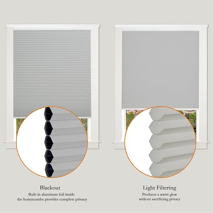 Persilux Blackout Cellular Shades Cordless Window Shades Bottom up Pleated Window Blinds Thermal Insulated Honeycomb Blinds for Windows, Home and Office, Dark Grey, 37" W x 60" H