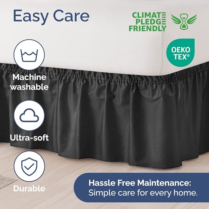Wrap Around Dust Ruffle Bed Skirt - Black - for King Size Beds with 21 Inch Drop - Easy Fit Elastic Strap - Adjustable Pleated Bedskirt w/Brushed Fabric - Wrinkle Free - for Women, Men, Kids & Teens