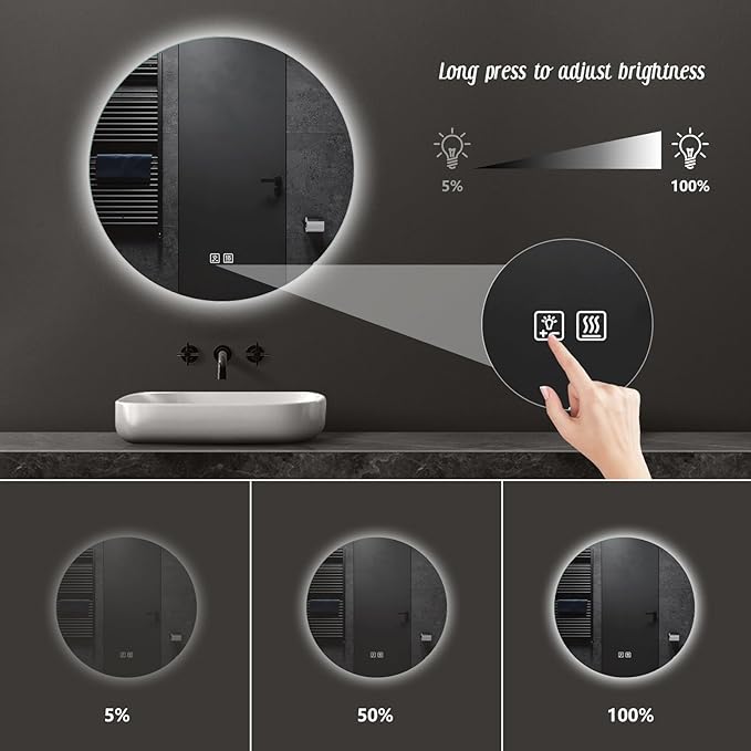 APRILSOUL 32 Inch Round LED Backlit Bathroom Mirror, Vanity Mirror with Anti-Fog, Touch Button, 3 Colors and Dimmable Light