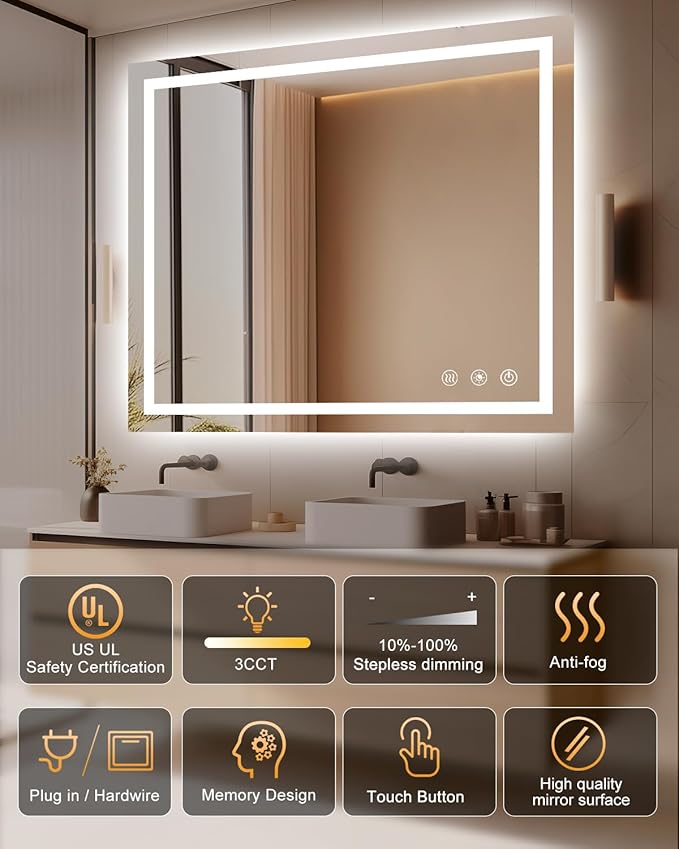 oneup 40''x36'' LED Bathroom Mirror with Lights,Front Lighted Bathroom Mirrors for Wall,Anti-Fog Vanity Mirror,Touch Button and Memory Function,Dimmable 3-Color Lights (Horizontal/Vertical)