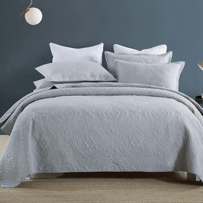Quilt Set Floral Leaves 3D Embroidery Pattern 2 PCS Cotton Reversible Quilted Embroidered Decorative Bedspreads Coverlet Set, Lightweight &Soft Queen Size Beige Bedding Coverlet for All Season