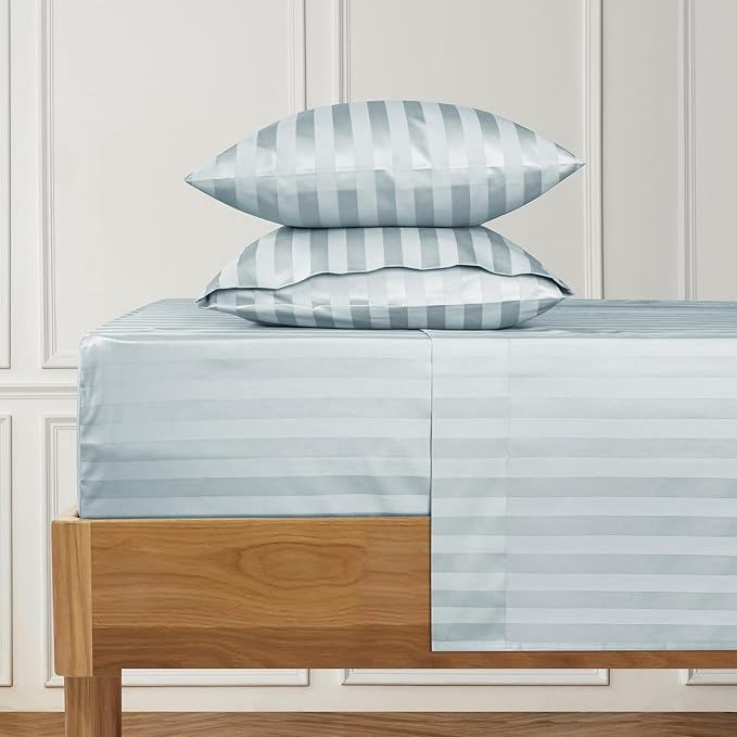 URBANHUT 1000 Thread Count Damask Striped Twin Size Egyptian Cotton Sheets, Long Staple Soft & Breathable, 4 Pc Bed Sheet Sets, Luxury Hotel Sateen Sheets Fits 16" Deep Pocket - Light Blue