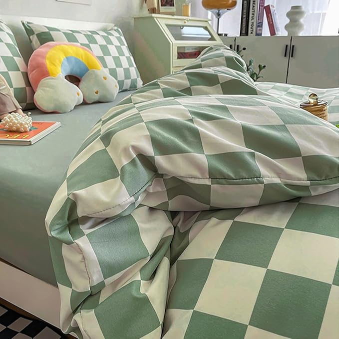 KAREVER Green Checkered Comforter Queen Sage Green Grid Bedding Set Women Light Green White Plaid Bed Comforter Set Queen Size Breathable Blanket Set Men Durable Queen Bedding Comforter Set