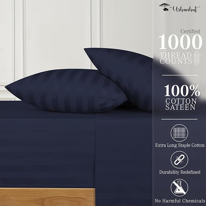 URBANHUT 1000 Thread Count Damask Striped Queen Sheet Set Egyptian Cotton Sheets, Long Staple Soft & Breathable, 4 Pc Bed Sheet Sets, Luxury Hotel Sateen Sheets Fits 16" Deep Pocket - Navy Blue