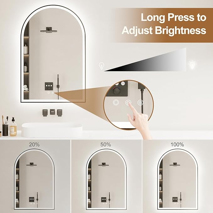 Arched LED Bathroom Mirror 24"x36", Black Bathroom Mirror with Lights-Anti-Fog, Dimmable-LED Mirror for Bathroom,3 Colors