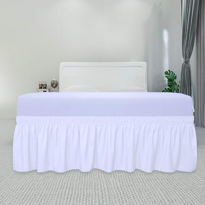 PureFit Wrap Around Ruffled Bed Skirt with Adjustable Elastic Belt - 22 Inch Drop Easy to Put On, Wrinkle Free Bedskirt Dust Ruffles, Bed Frame Cover for Queen, King and C-King Size Beds, White