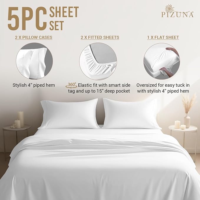Pizuna Pure 100% Cotton Split King Sheet Set White, 800 Thread Count 100% Long Staple Cotton Split King Sheets for Adjustable Bed, 15" Deep Pocket Sheets (Combed Cotton Bed Sheets)