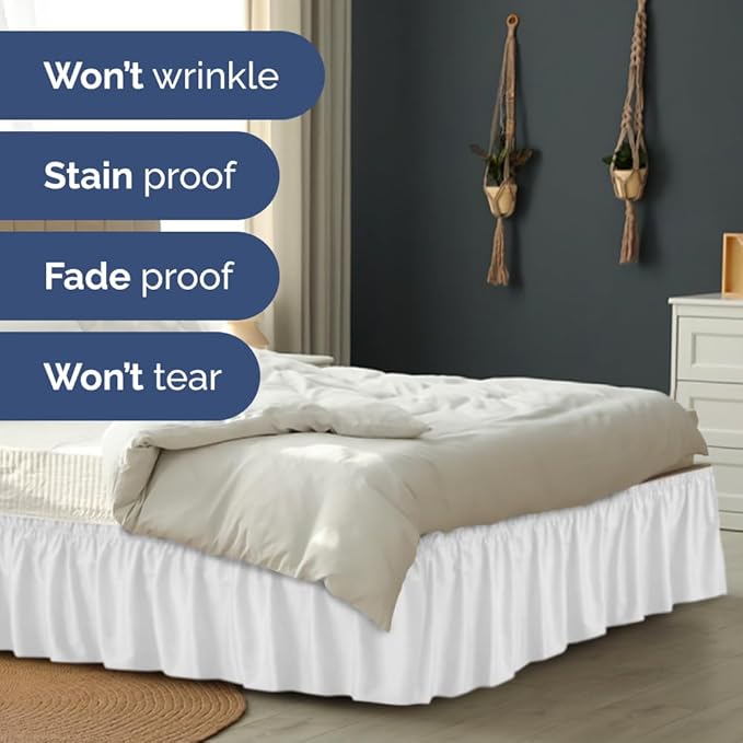 Wrap Around Dust Ruffle Bed Skirt - White - Twin/Twin XL Size Beds with 15 Inch Drop - Easy Fit Elastic Strap - Adjustable Pleated Bedskirt w/Brushed Fabric - Wrinkle Free - Women, Men, Kids & Teens