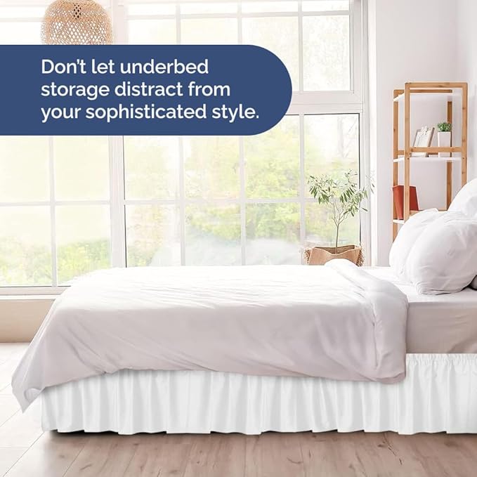 Wrap Around Dust Ruffle Bed Skirt - White - for King Size Beds with 21 Inch Drop - Easy Fit Elastic Strap - Adjustable Pleated Bedskirt w/Brushed Fabric - Wrinkle Free - for Women, Men, Kids & Teens
