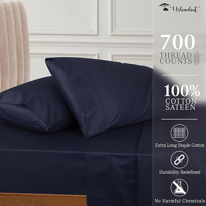 URBANHUT 700 Thread Count California King Size Egyptian Cotton Sheets, 4Pc Sheet Set Soft Luxury Bed Sheets for Cal King Size Bed, Sateen Weave Hotel Sheets, 16'' Elasticized Deep Pocket - Navy Blue