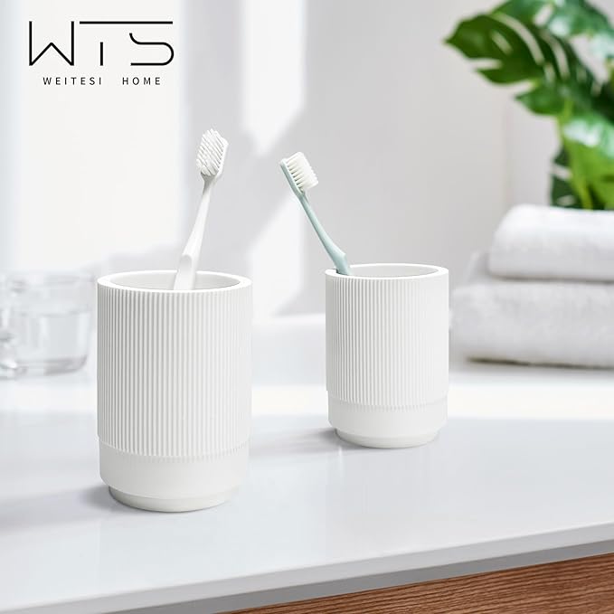 Resin Bathroom Accessories Set, 4 Pcs Modern Bathroom Accessory Set with Liquid Plastic Pump Lotion Soap Dispenser,2 Toothbrush Cup, Soap Dish Countertop Vanity Organizer(White)