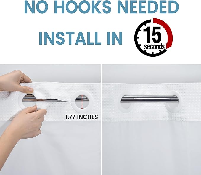 Stall No Hook Shower Curtain with Snap in Liner,230GSM Waffle Weave Shower Curtains for Bathroom,36W x 74H,White