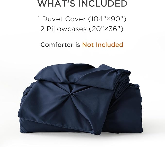 Litanika Navy Blue Pinch Pleat Duvet Cover King, 3 Pieces Pintuck Cover Soft Microfiber Bedding Set with Zipper Closure & Corner Ties(104x90Inch-1 Duvet Cover, 2 Pillowcases)
