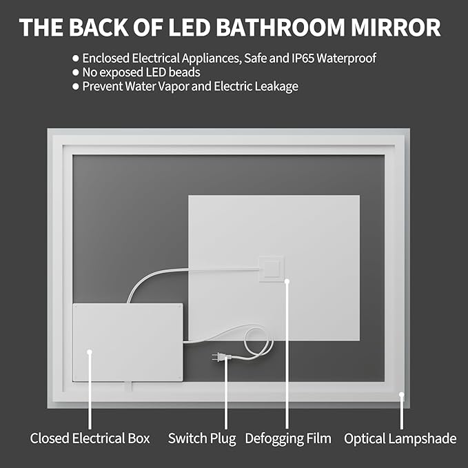 Koonmi 24x36 LED Bathroom Mirror, Backlit + Front Lit, LED Bathroom Mirror with Lights for Wall, 3 Colors, Anti-Fog, Dimmable Brightness, Memory Function, Tempered Glass