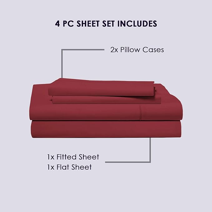 Pizuna Pure 100% Cotton Sheets Full Size, 800 Thread Count Long Staple Cotton Crisp Sateen Sheets with 15in Deep Pockets (Combed Rio Red Cotton)