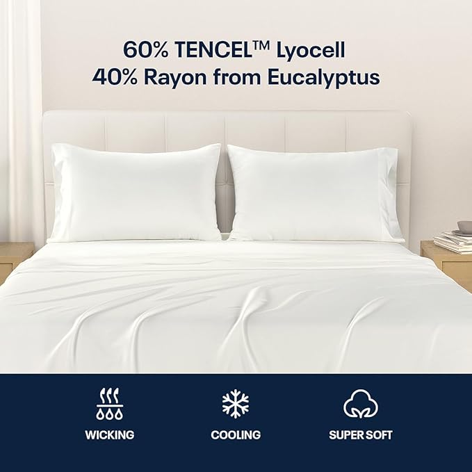 Reebok Full Size Sheet Set from Tencel™ Eucalyptus - Soft, Cooling & Breathable for Hot Sleepers, Deep Pocket Up to 17 Inches, 4Pc Hotel Luxury Bedding Set, Bedsheet & Pillowcases (White, Full)