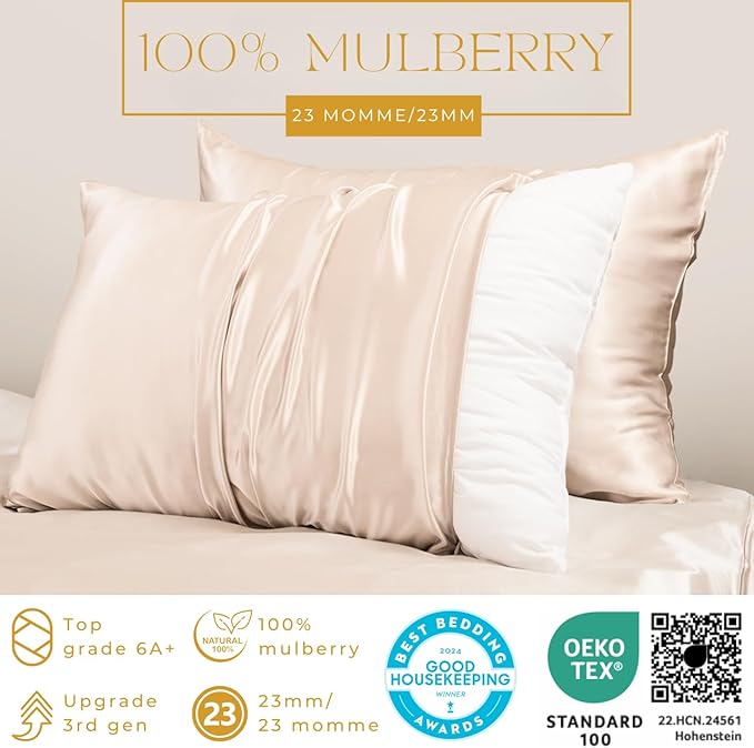 PROMEED 100% Silk Pillowcase for Hair and Skin, Both Sides Grade 6A+ 23mm Mulberry Silk Pillow Case with Hidden Zipper, 1400 TC, Soft & Smooth (Queen 20"x30", Champagne)
