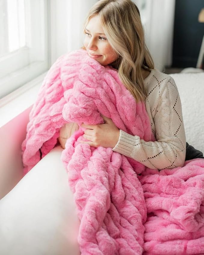 Minky Couture Hugs Blanket - Extra Plush Blanket for Premium Gifting - Stretchy Bubbled Cozy Throw - Silky Smooth - Durable & Machine-Washable - Travel-Friendly - Travel, Pink