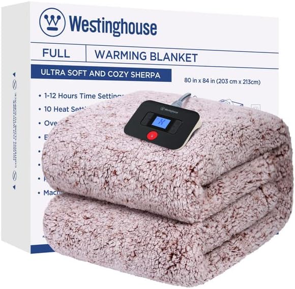 Westinghouse Electric Blanket Full Size, Soft Plush Sherpa Heated Blanket with 10 Heating Levels & 1-12 Hours Auto-Off, Machine Washable, 80x84 inches, Rust