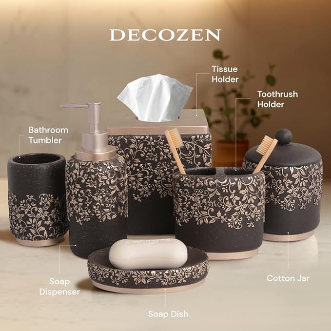 Decozen Bathroom Accessories Set 6Pcs – Soap Dispenser, Toothbrush Holder, Tumbler, Soap Dish & Cotton Swab Jar – Modern Bathroom Decor, Bath Set for Christmas Decor, Stella