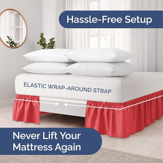 Wrap Around Dust Ruffle Bed Skirt - Red - for Full Size Beds with 24 Inch Drop - Easy Fit Elastic Strap - Adjustable Pleated Bedskirt w/Brushed Fabric - Wrinkle Free - for Women, Men, Kids & Teens