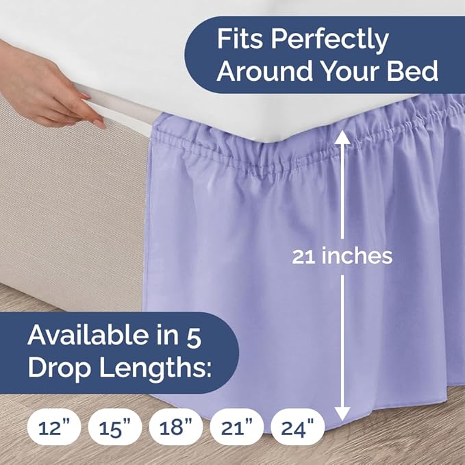 Wrap Around Dust Ruffle Bed Skirt - Lavender - for Full Size Beds with 21 Inch Drop - Easy Fit Elastic Strap - Adjustable Pleated Bedskirt w/Brushed Fabric Wrinkle Free - for Women, Men, Kids & Teens