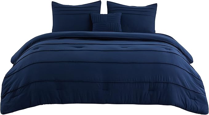 Bedsure Full Comforter Set - 4 Pieces Pinch Pleat Bed Set, Navy Blue Boho Bedding for All Season, 1 Soft Comforter, 2 Pillowcases, 1 Decorative Pillow