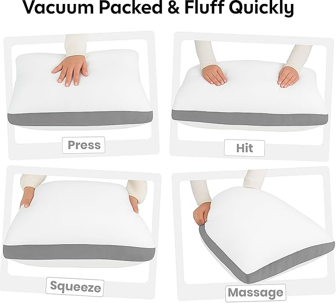 GOLD TEXTILES Pillows Queen Size Set of 2 (18x26 Inches) - Gusseted Hotel Quality Medium Firm Pillow - Plush Fiber Filling for Back & Side Sleeper, Easycare (Grey, Pack of 2)